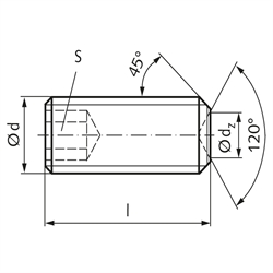 Gewindestift ISO 4029 (ex DIN 916) mit Innensechskant und Ringschneide Edelstahl A2 M4 x 20mm, Technische Zeichnung