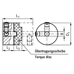 Drehstarre Kupplung HZD Durchgangsbohrung 12mm max. Drehmoment 9,0 Nm Außendurchmesser 33,3mm Edelstahl 1.4305 , Technische Zeichnung