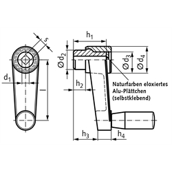 Handkurbel 569 aus Kunststoff Vierkantloch SW 12mm Länge 100mm , Technische Zeichnung