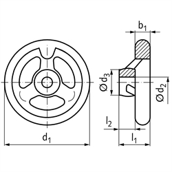 Speichen-Handrad DIN 950 aus Grauguss 3 Speichen Kranz gedreht und poliert Ausführung N/A Durchmesser 140mm mit Bohrung 14H7 und Nut, Technische Zeichnung