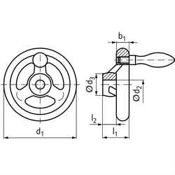 Speichen-Handrad DIN 950 aus Grauguss 3 Speichen Kranz gedreht und poliert Ausführung N/G Durchmesser 200mm mit Bohrung 18H7 und Nut mit Gewindeauge für Ballengriff, Technische Zeichnung