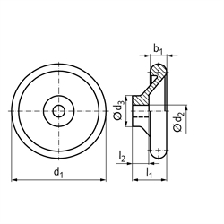 Scheiben-Handrad ähnlich DIN 950 aus Aluminium Durchmesser 100mm , Technische Zeichnung