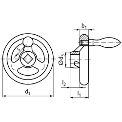 Speichen-Handrad DIN 950 aus Grauguss 3 Speichen Kranz gedreht und poliert Ausführung V/G Durchmesser 140mm Vierkant 12mm mit Gewindeauge für Ballengriff , Technische Zeichnung