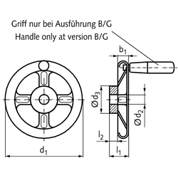 Speichen-Handräder Edelstahl, aus Blech, mit und ohne Griff, Technische Zeichnung