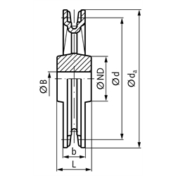 Verzahntes Kettenrad (Haspelrad) 5 Zähne DIN 766 Außen-Ø 115 mm für Kettenstärke 10 mm Material Grauguss GG25 , Technische Zeichnung