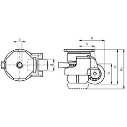 Heberolle mit Rückenloch Ratschenverstellung Lenkrolle Rad-Ø 62, Technische Zeichnung