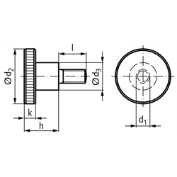 Hohe Rändelschraube DIN 464 M6 x 25mm lang Stahl Festigkeit 5.8 brüniert , Technische Zeichnung