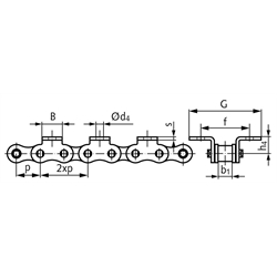 Winkellaschen-Rollenkette 10 B-1-K1, 2xp mit beidseitigen schmalen Winkellaschen mit 1 Befestigungsbohrung am Aussenglied im Abstand 2xp , Technische Zeichnung