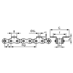 Winkellaschen-Rollenkette 08 B-1-K1, 4xp mit beidseitigen schmalen Winkellaschen mit 1 Befestigungsbohrung am Aussenglied im Abstand 4xp , Technische Zeichnung