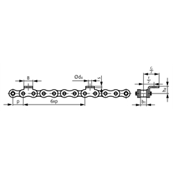 Winkellaschen-Rollenkette 06 B-1-K1, 6xp mit einseitigen schmalen Winkellaschen mit 1 Befestigungsbohrung am Aussenglied im Abstand 6xp , Technische Zeichnung