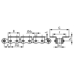 Rostfreie Winkellaschen-Rollenkette 06 B-1-K2, 2xp mit beidseitigen breiten Winkellaschen mit 2 Befestigungsbohrungen am Aussenglied im Abstand 2xp Edelstahl 1.4301, Technische Zeichnung