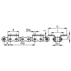 Winkellaschen-Rollenkette 10 B-1-K2, 4xp mit beidseitigen breiten Winkellaschen mit 2 Befestigungsbohrungen am Aussenglied im Abstand 4xp , Technische Zeichnung