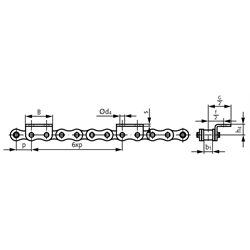 Winkellaschen-Rollenkette 08 B-1-K2, 6xp mit einseitigen breiten Winkellaschen mit 2 Befestigungsbohrungen am Aussenglied im Abstand 6xp , Technische Zeichnung