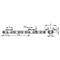 Winkellaschen-Rollenkette16 B-1-K2, 6xp mit beidseitigen breiten Winkellaschen mit 2 Befestigungsbohrungen am Aussenglied im Abstand 6xp , Technische Zeichnung