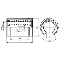 Offene Linearkugellager KB-3-ST-O ISO-Reihe 3 beidseitig abgedichtet für Wellen-Ø 50mm, Technische Zeichnung