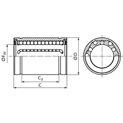 Linearkugellager KB-3-STS ISO-Reihe 3 Kugelkäfig aus Stahl beidseitig abgedichtet für Wellen-Ø 16mm, Technische Zeichnung