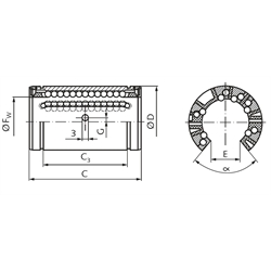 Linearkugellager KB-3 ISO-Reihe 3 Easy-Line mit beids. Dichtung für Wellen-Ø 16mm offene Ausführung, Technische Zeichnung