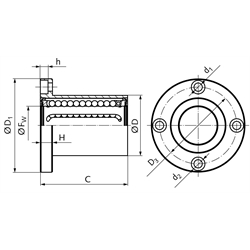 Linearkugellager KB-ST-F mit rundem Flansch beidseitig abgedichtet für Wellen-Ø 30mm kurze Ausführung, Technische Zeichnung