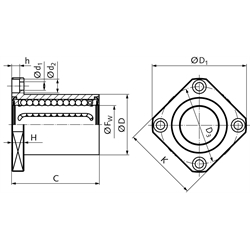 Linearkugellager KB-ST-V mit viereckigem Flansch beidseitig abgedichtet für Wellen-Ø 30mm kurze Ausführung, Technische Zeichnung