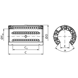 Offenes Linearkugellager KB-3-A ISO-Reihe 3 Premium mit Fluchtungsfehlerausgleich mit Dichtung für Wellen-Ø 20mm, Technische Zeichnung