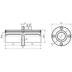 Tandem-Linearkugellager KBT-ST-FM mit mittigem rundem Flansch beidseitig abgedichtet für Wellen-Ø 16mm, Technische Zeichnung