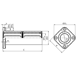 Tandem Linearkugellager KBT-ST-VL mit viereckigem Flansch beidseitig abgedichtet für Wellen-Ø 40mm lange Ausführung, Technische Zeichnung