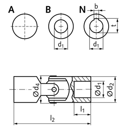 Kreuzgelenk KE Außendurchmesser 40mm beidseitig Bohrung 25H7 Material Stahl Gesamtlänge 108mm
, Technische Zeichnung