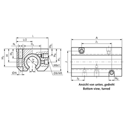 Tandem-Linearlagereinheit KGT-3-STO ISO-Reihe 3 mit Linear-Kugellagern mit Stahlmantel mit beids. Dichtung für Wellen-Ø 25mm offene Ausführung, Technische Zeichnung