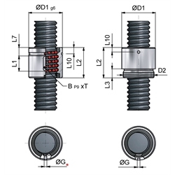 Zylindrische Mutter Kugelgewinde 16x5mm Höhe 34mm Durchmesser 28mm, Technische Zeichnung