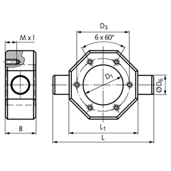 Kardanadapter KARA-28 Bohrung D1=28mm D3=38mm Gewinde=M5 x 10, Technische Zeichnung