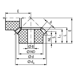 Kegelrad aus Polyacetal gespritzt Modul 1,5 16 Zähne Übersetzung 1,5:1 Bohrung 8mm, Technische Zeichnung