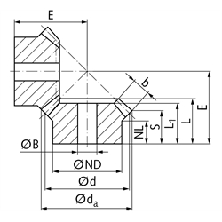 Kegelrad aus Zinkdruckguss ZnAl4Cu1 Modul 2 16 Zähne Übersetzung 1:1 Bohrung 10mm, Technische Zeichnung