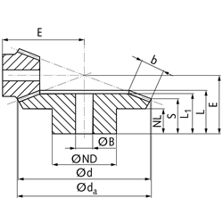 Kegelrad aus Stahl Modul 1,5 45 Zähne Übersetzung 2,5:1 gefräst, Technische Zeichnung