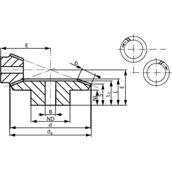 Kegelradsatz spiralverzahnt Modul 2,229 Zähnezahl 9/27 i=3:1 Material 16MnCr5 Verzahnungsbereich gehärtet , Technische Zeichnung