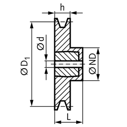 Keilriemenscheibe aus Aluminium Profil XPZ, SPZ und Z (10) 1-rillig Nenndurchmesser 90mm, Technische Zeichnung