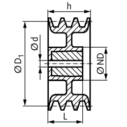 Keilriemenscheibe aus Aluminium Profil XPZ, SPZ und Z (10) 3-rillig Nenndurchmesser 280mm, Technische Zeichnung