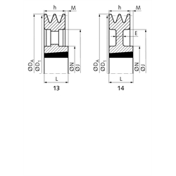 Keilriemenscheiben für Taper-Spannbuchsen, Profil Z, SPZ und XPZ (10), 2-rillig, Technische Zeichnung