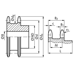 Doppel-Kettenrad ZRENG für 2 Einfach-Rollenketten 08 B-1 1/2x5/16" 13 Zähne Material Stahl Zähne gehärtet, Technische Zeichnung