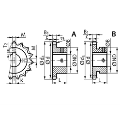 Kettenrad KRF mit einseitiger Nabe 06 B-1 21 Zähne Bohrung 20H7 Passfedernut DIN 6885/1 2 Stellschraubengewinde Material Stahl Zähne induktiv gehärtet, Technische Zeichnung