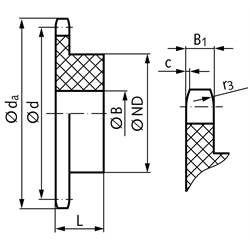 Kettenräder KRK aus Polyacetal, ISO 04, Teilung 6mm, Technische Zeichnung