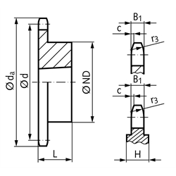 Kettenrad KRT 24 B-1 1 1/2" x 1" 57 Zähne Material Grauguss für Taper-Spannbuchse Typ 3030, Technische Zeichnung