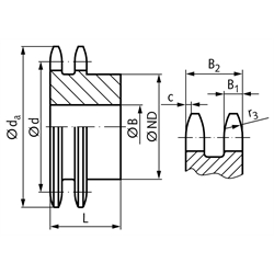 Zweifach-Kettenrad ZRR mit einseitiger Nabe 10 B-2 5/8x3/8" 25 Zähne Mat. 1.4301, Technische Zeichnung