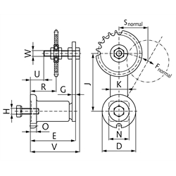 Kettenspanner für Einfach-Rollenkette 083 und Werksnorm 1/2X3/16" bestehend aus 14050301 + 14080216, Technische Zeichnung