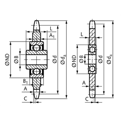 Kettenspannräder KSP-R mit Kugellager, rostfrei, Technische Zeichnung
