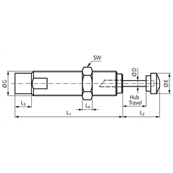 Kleinstoßdämpfer 0,23-15 kg Hub 8mm Gewinde M8x1 , Technische Zeichnung