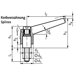 Verstellbarer Klemmhebel 120 Ausführung G mit Außengewinde M12 x 32mm Grifflänge L2 = 89mm , Technische Zeichnung