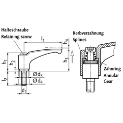 Verstellbarer Klemmhebel 355 Ausführung G mit Außengewinde M4 x 12mm lang Grifflänge L1=44mm Material Polyamid schwarz-grau , Technische Zeichnung