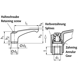 Verstellbarer Klemmhebel 355 Ausführung N mit Innengewinde M8 Grifflänge L1 = 78mm Material Polyamid schwarz-grau, Technische Zeichnung