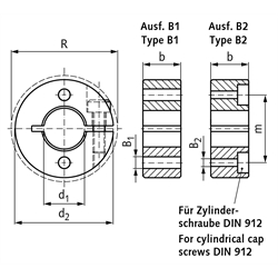 Geschlitzter Klemmring aus Stahl C45 brüniert Bohrung 14mm mit Schraube DIN 912 12.9 Ausf. B1, Technische Zeichnung