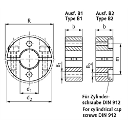 Geteilter Klemmring aus Stahl C45 brüniert Bohrung 22mm mit Schrauben DIN 912 12.9 Ausf. B1, Technische Zeichnung